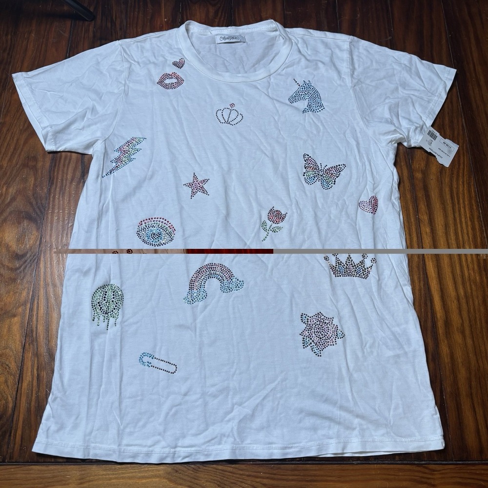 Lauren Moshi Allover Sticker Beans Tee Crystal Flowers Rainbows S New Lips Star